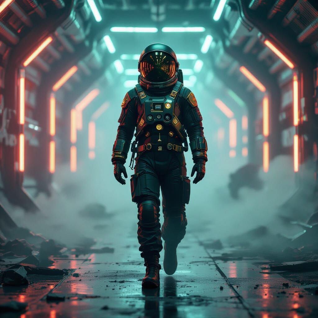 Astronaut Explores Abandoned Neon Space Station in 8k