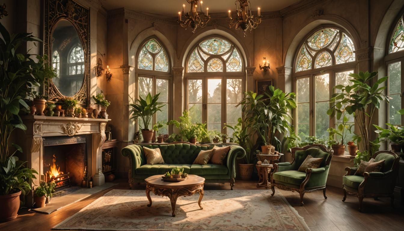 Cozy Elven Sitting Room with Fireplace, High-End Photography