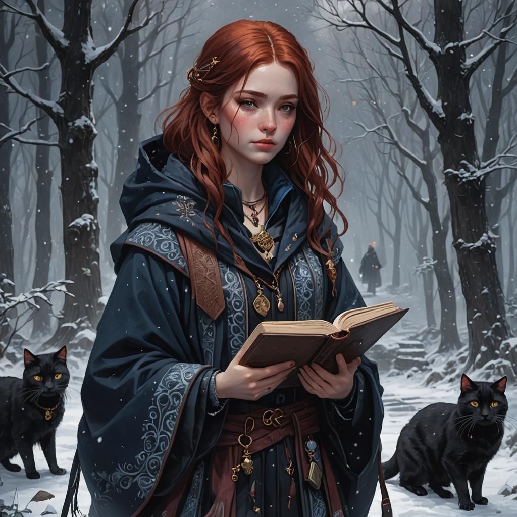 Dark-haired Girl with Cats in Snowy Forest