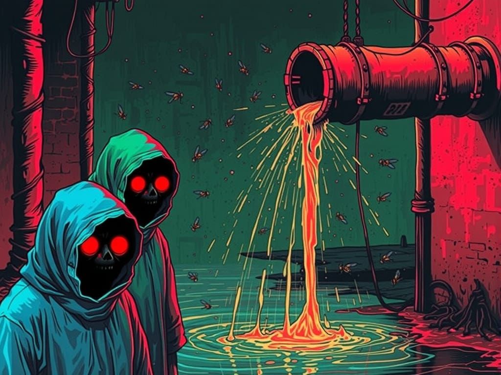 Gothic Medieval Scene of Polluted Pipe Over Mutated Lepers