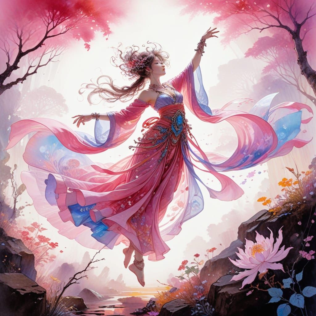 Divine Character Dances in Pink Watercolor Manga Style