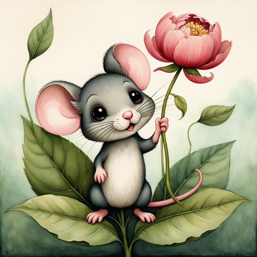 Chibi Mouse with Peony Flower Watercolor