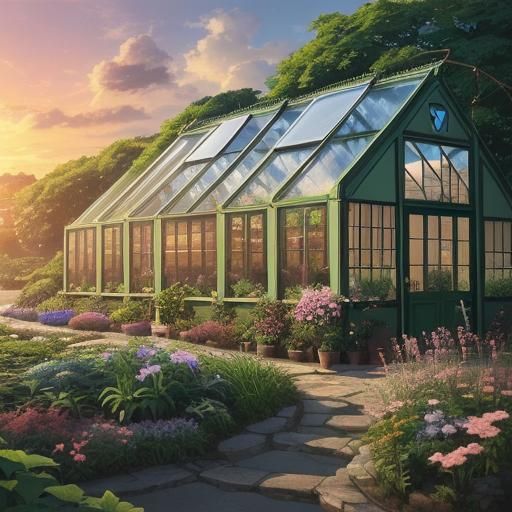 Herb-Filled Greenhouse at Sunset in Anime Style