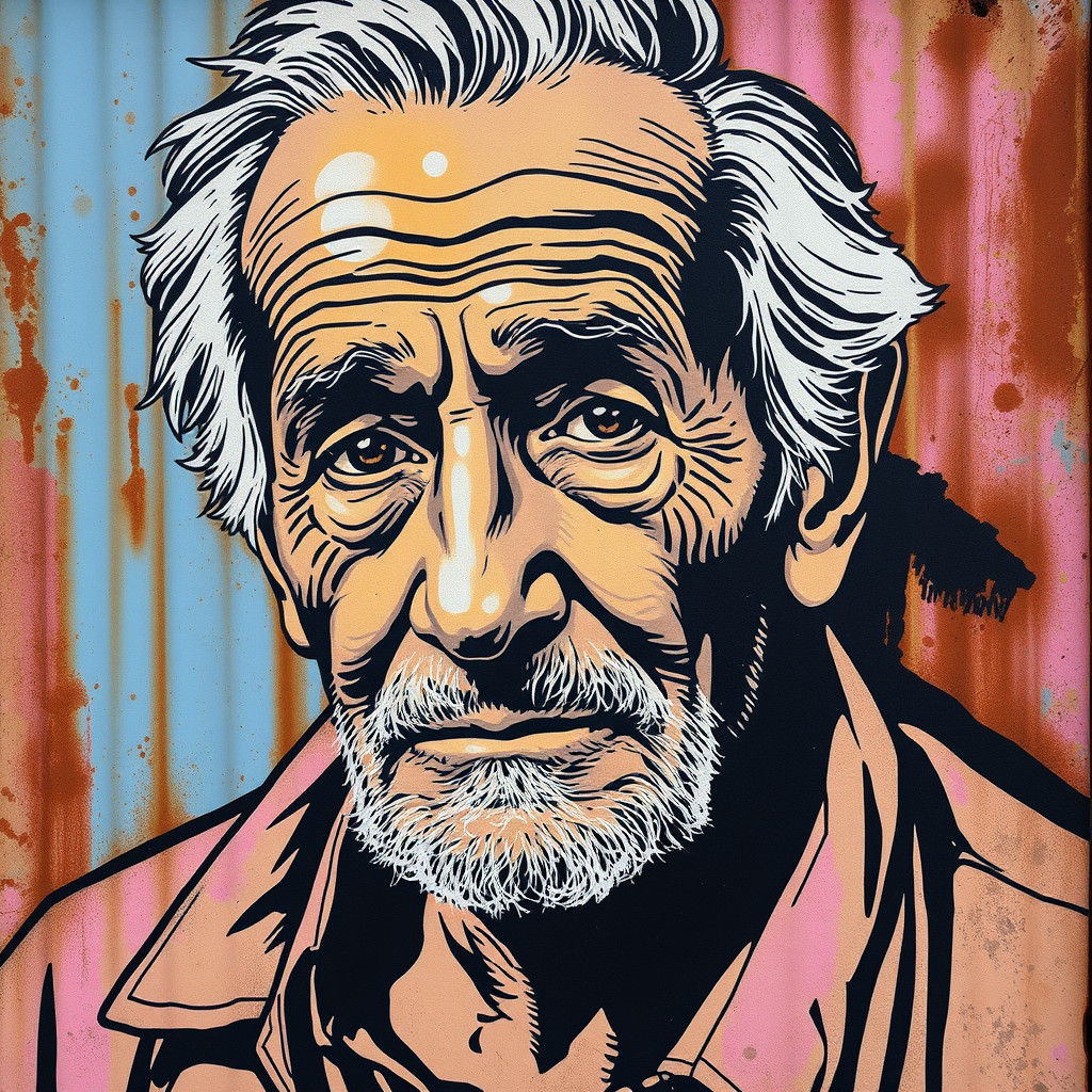 street art portrait of an elderly man with a weathered face ...