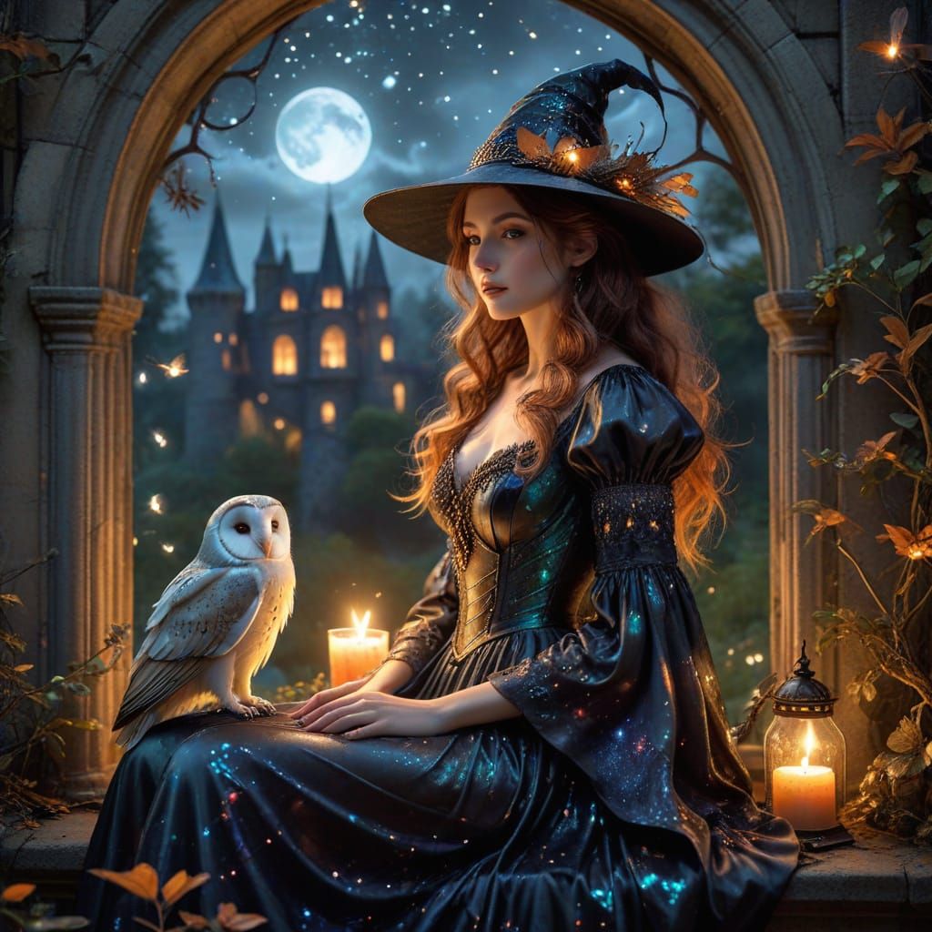 Witch and Owl in Ornate Castle Window