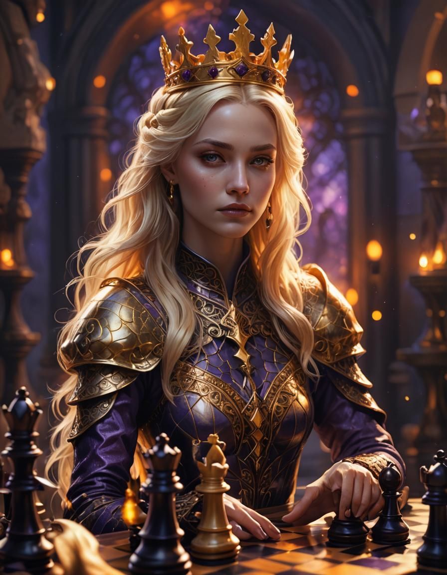 Fantasy Queen on Chessboard with Magical Aura