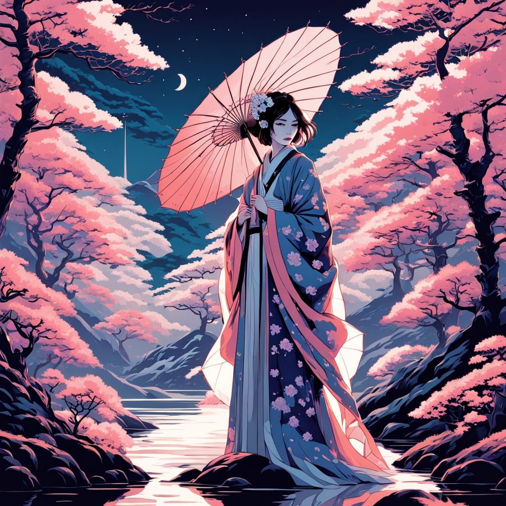 Ethereal Angel-Vampire in Cherry Blossom Ukiyo-E Style