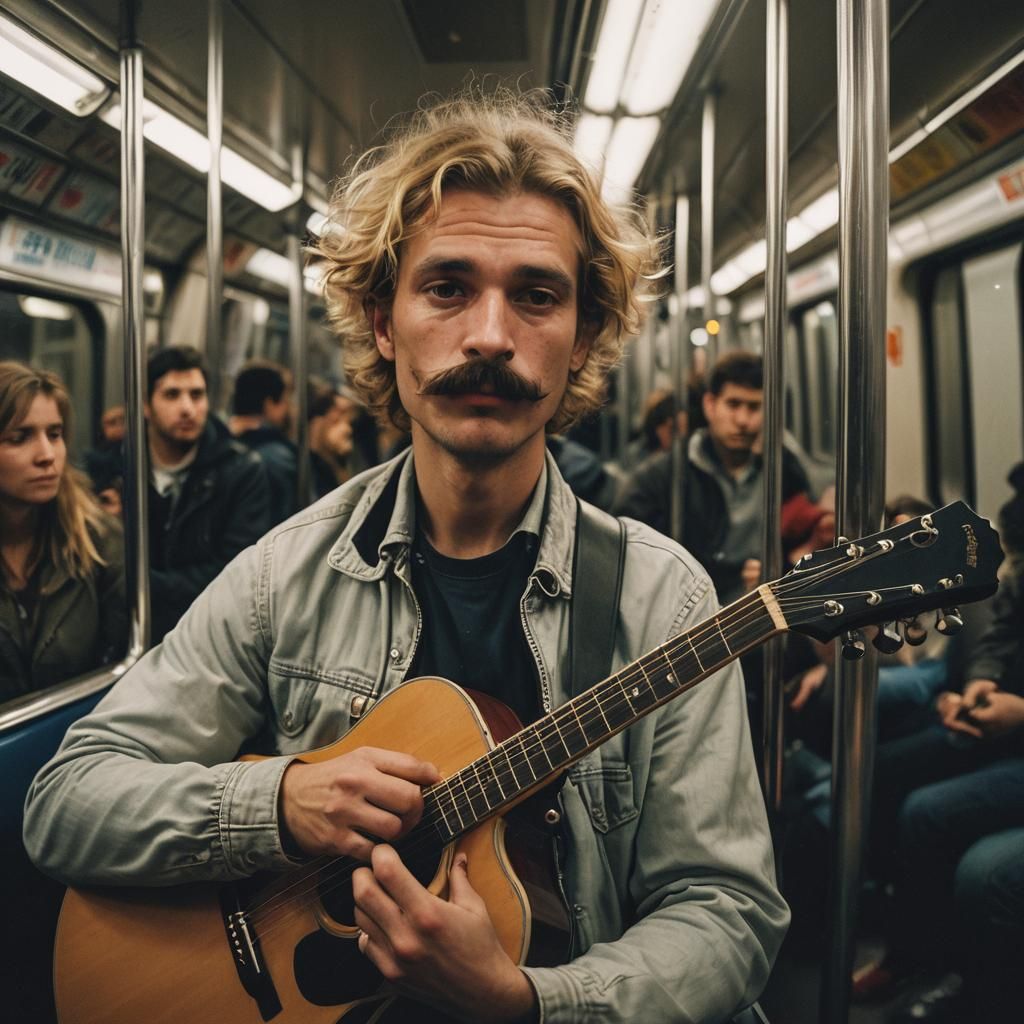 Man with Guitar in Subway: Street Photography