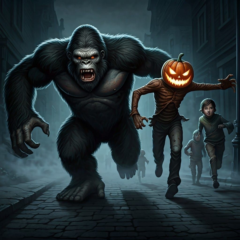 Bigfoot and Jack-O-Lantern Chase Trick-or-Treaters