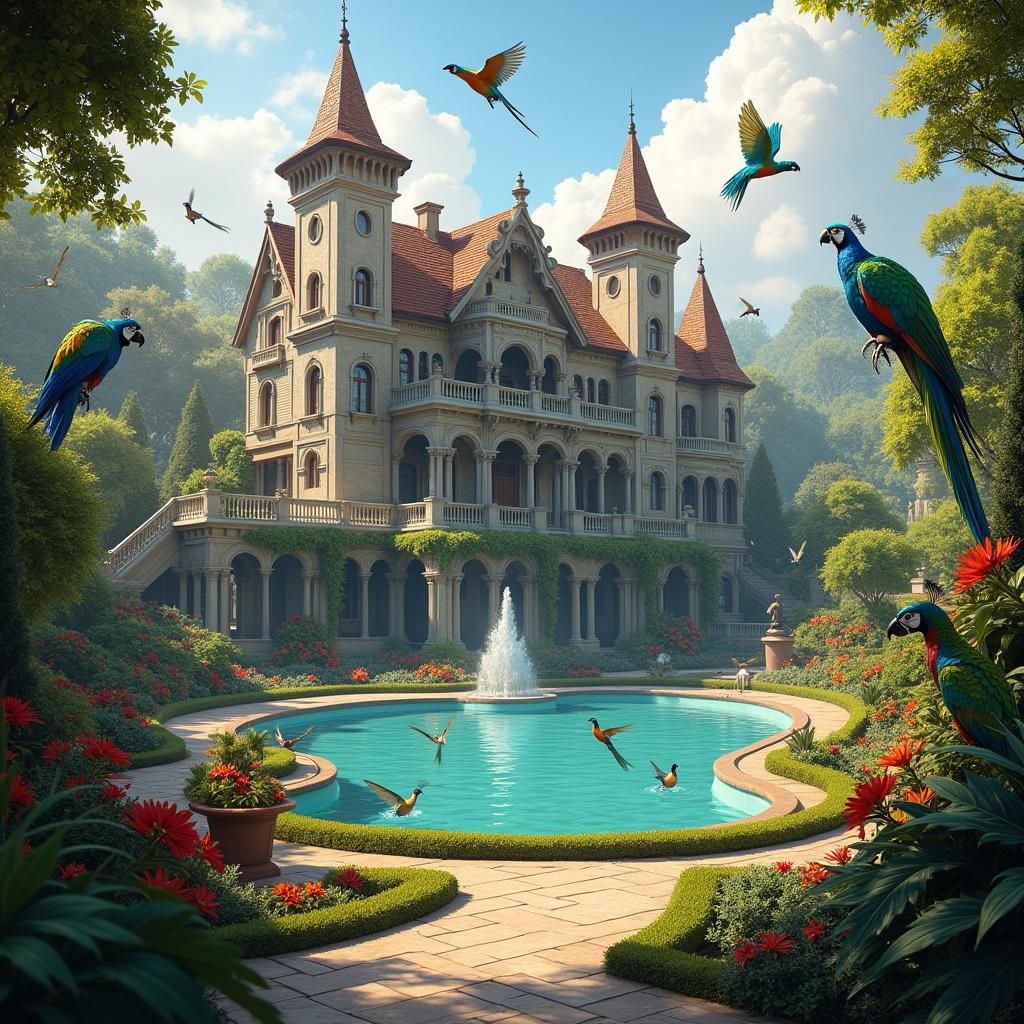 Exotic Birds Grace Luxurious Mansion Garden