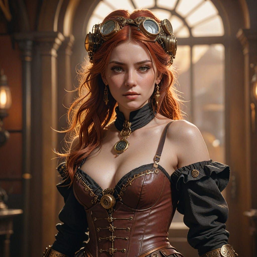 Steampunk Red-Haired Beauty in Golden Light