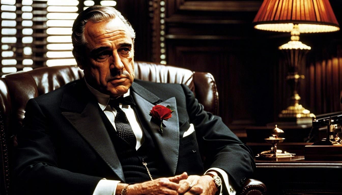 Don Corleone in Office: Photorealistic 1970s Film Scene