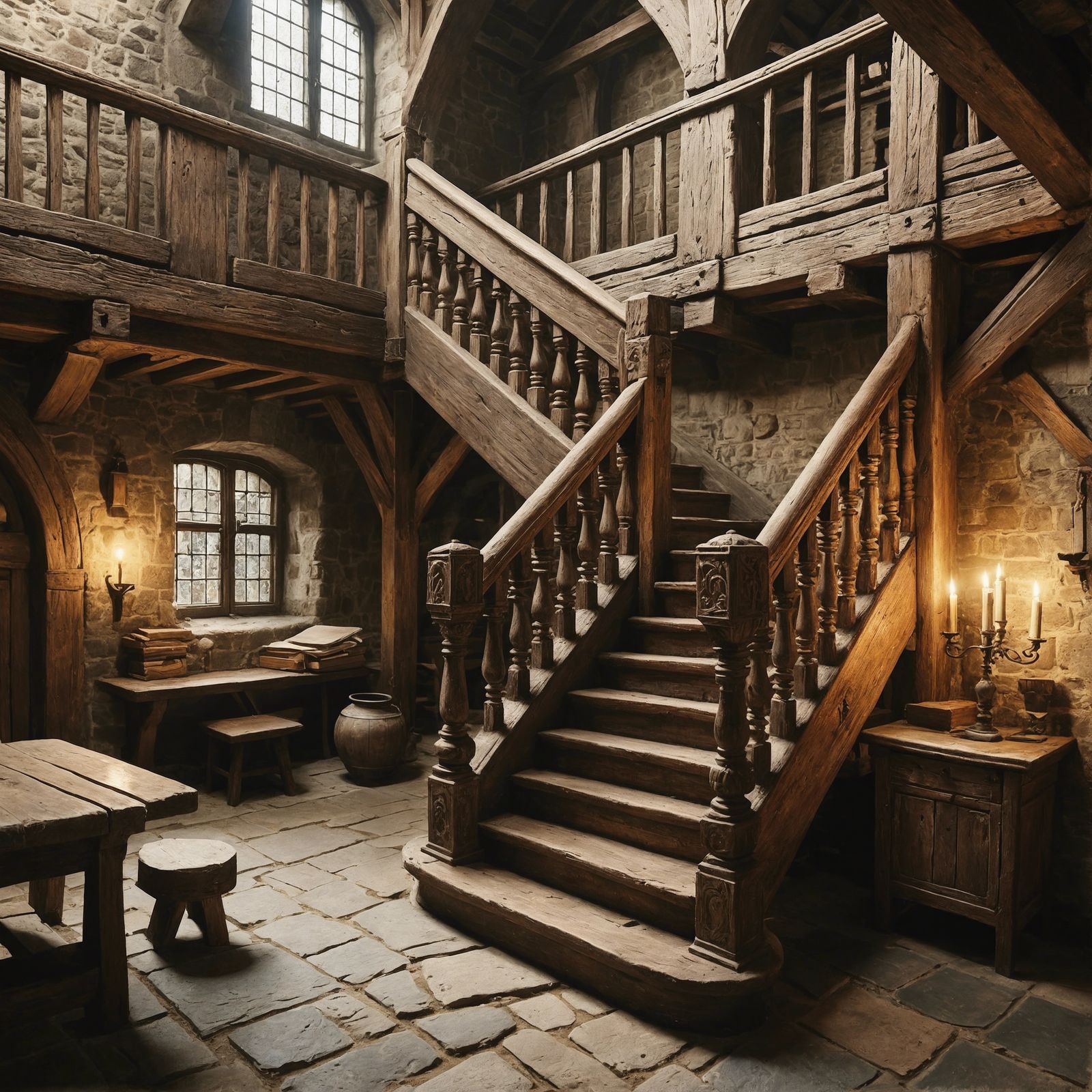 Detailed Medieval Home with Winding Timber Staircase