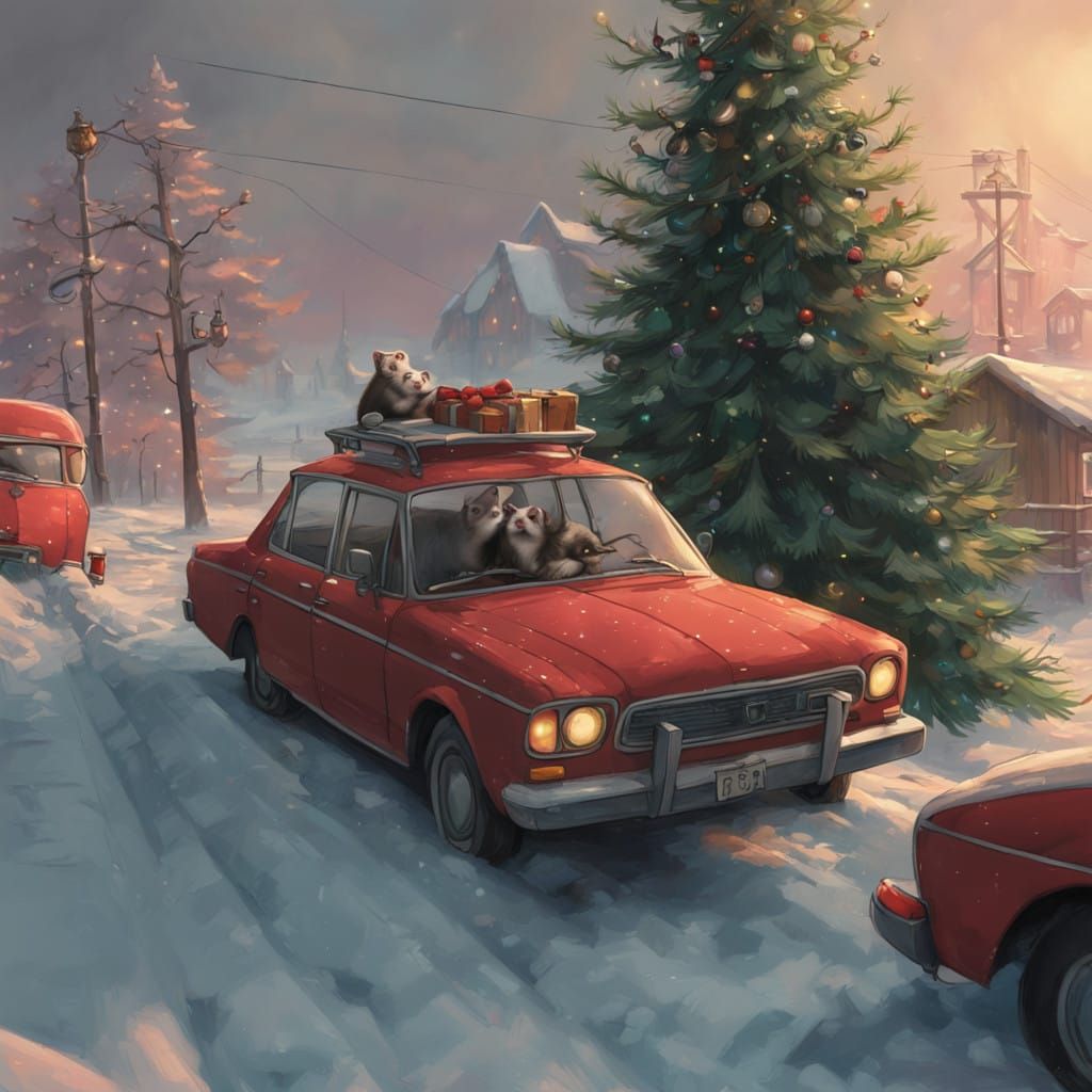 Ferrets Chasing Christmas Tree in Whimsical 3D Scene