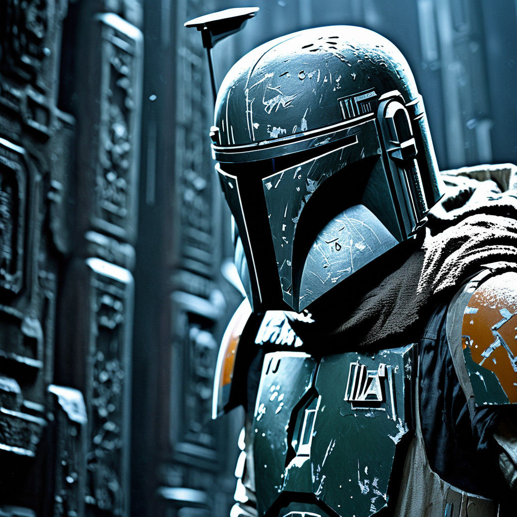 Mandalorian Bounty Hunter Beside Frozen Rebel in Industrial...