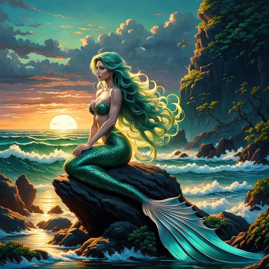 Enchanting Mermaid at Sunset: A Fantasy Masterpiece