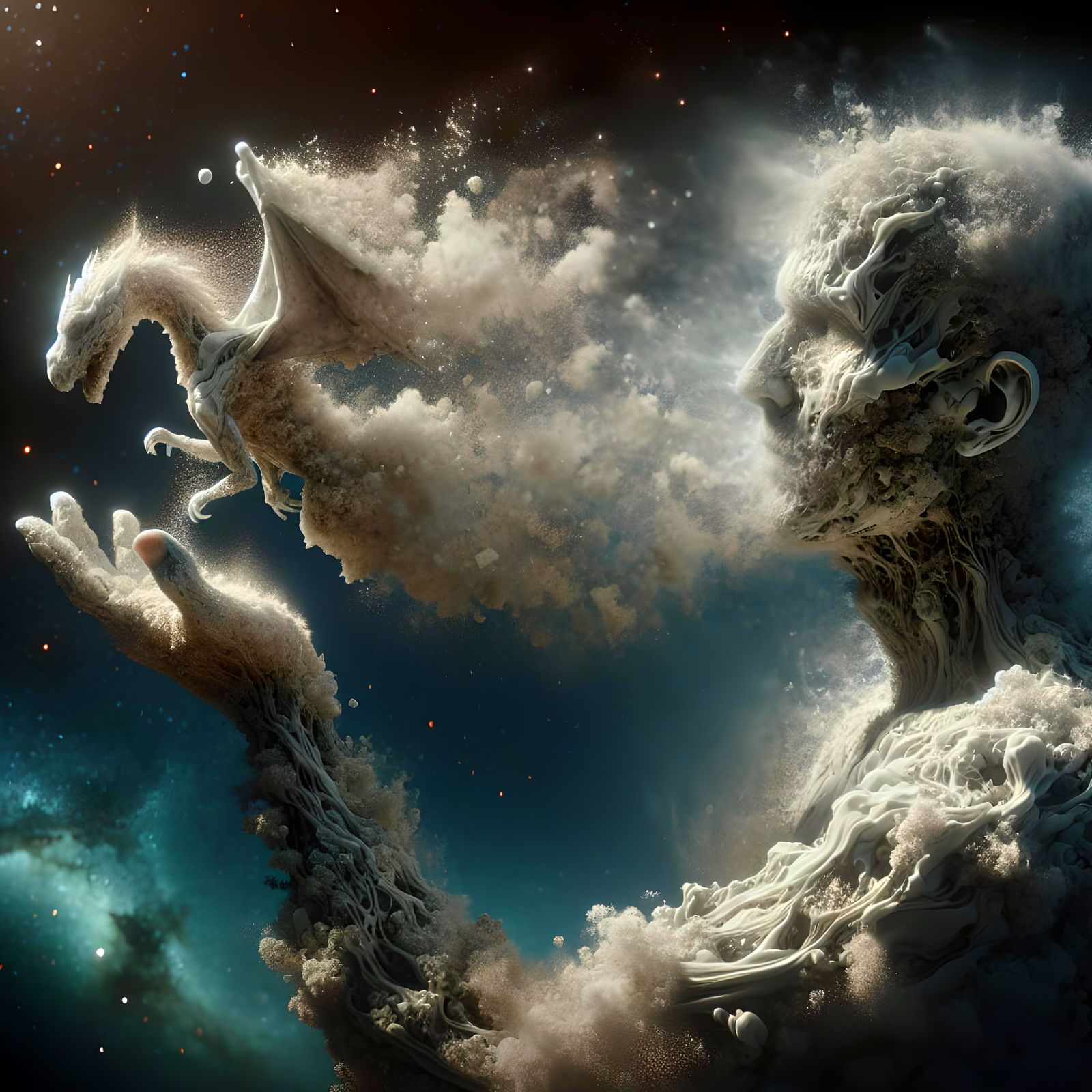 Ethereal Man Transforms Into Dragon in Fantasy Landscape