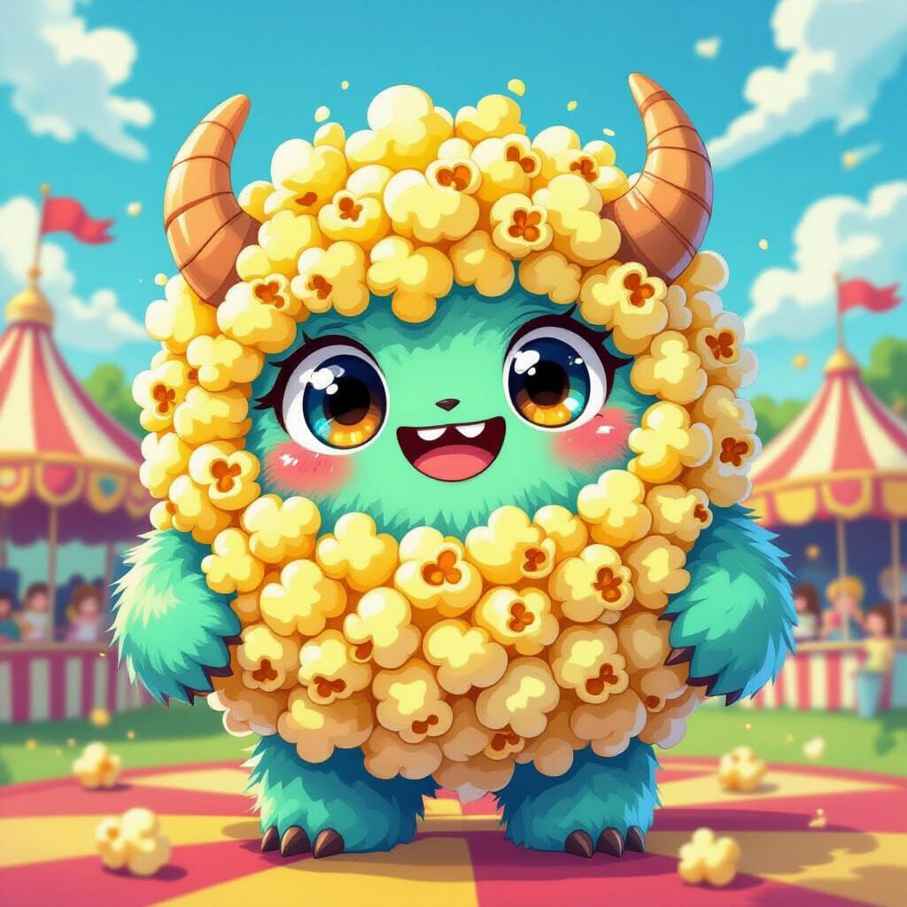 Cheerful Popcorn Monster at the Carnival
