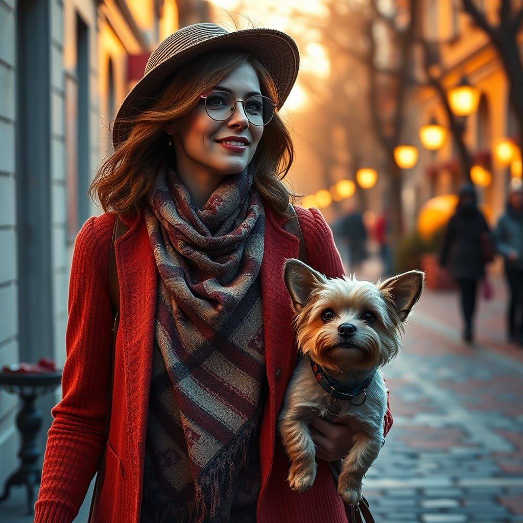 Ethereal Lady Strolls with Whimsical Dog in Chiaroscuro Impa...