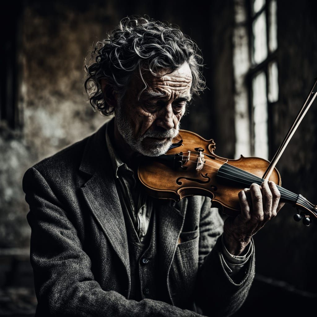 Ethereal Portrait of a Lonely Violinist in a Haunting Abando...