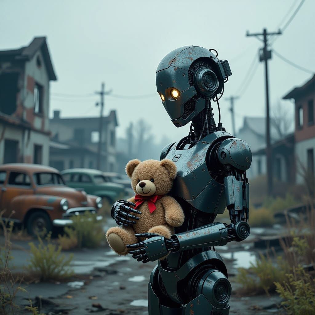 Worn Robot with Teddy Bear in Ruined City