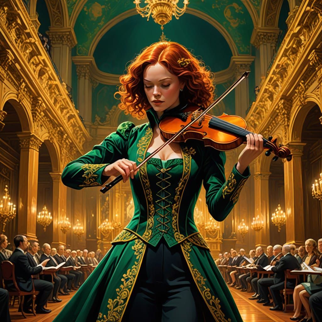 Violinist on Baroque Stage in Comic Book Style