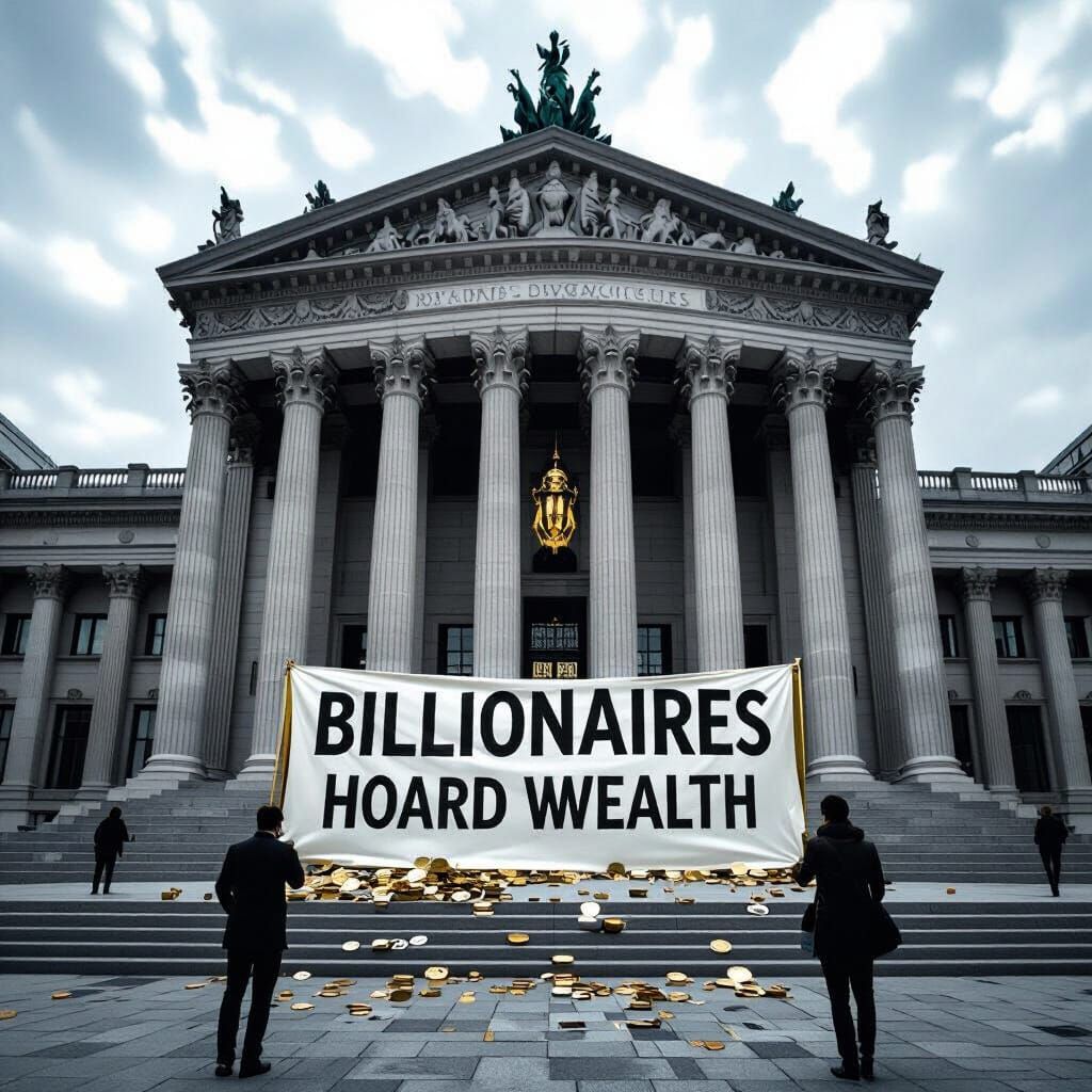 Banner: "Billionaires Hoard Wealth" in Hyperrealistic Detail