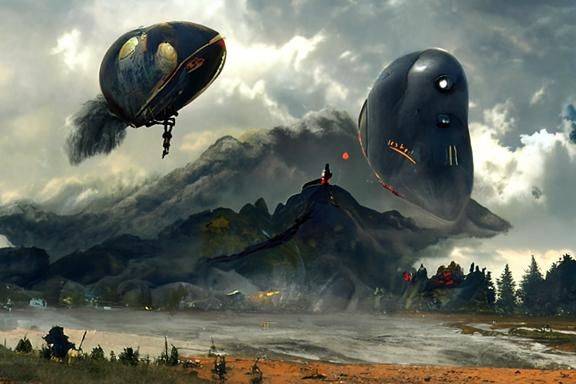 Sinister Blimps Over Blood Mountain in Fantasy Style