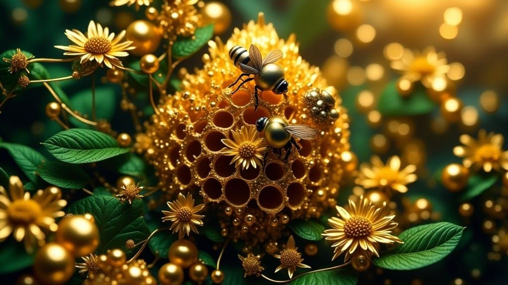 Surreal Abstract Beehive Dripping Honey in Gold Foil