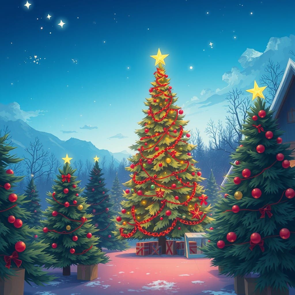 Christmas Trees in Vibrant Anime Style Festive Scene