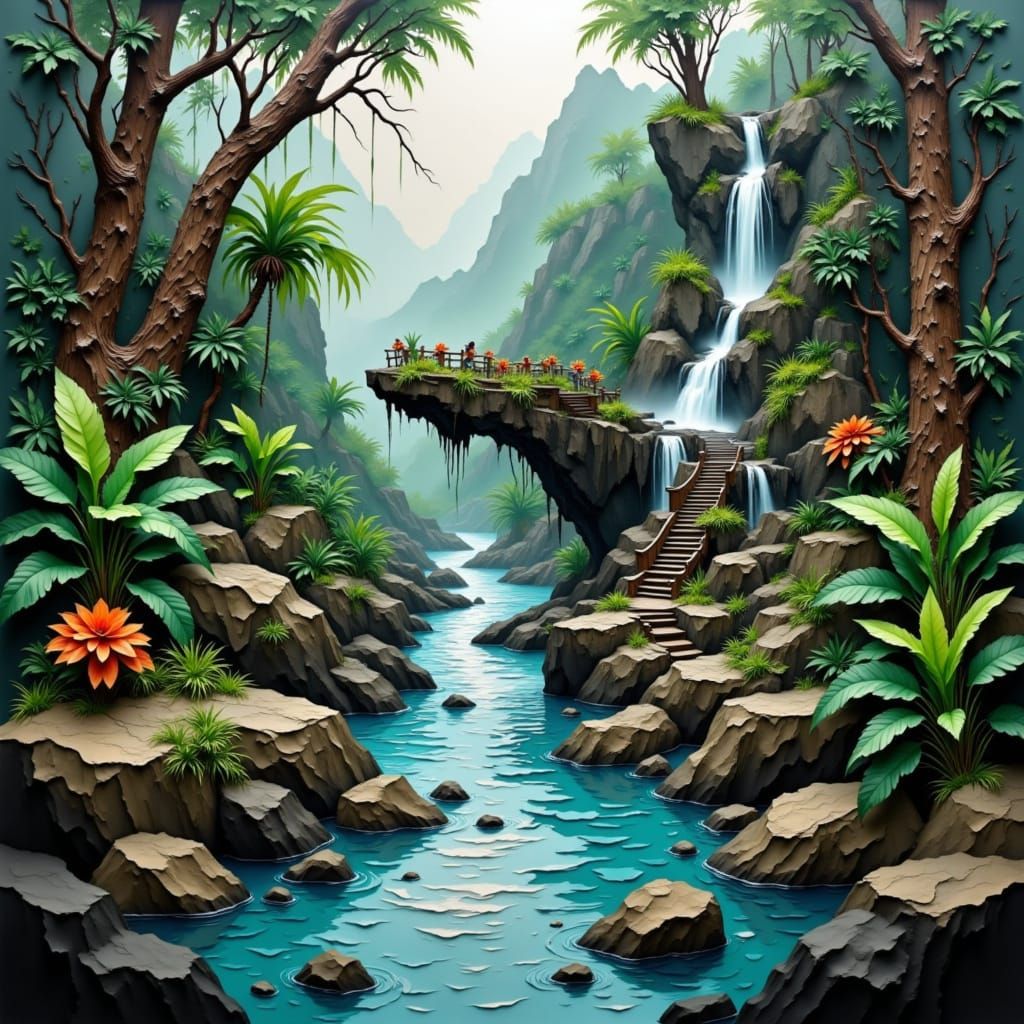 Rainforest in Papercut Watercolor Ink Style