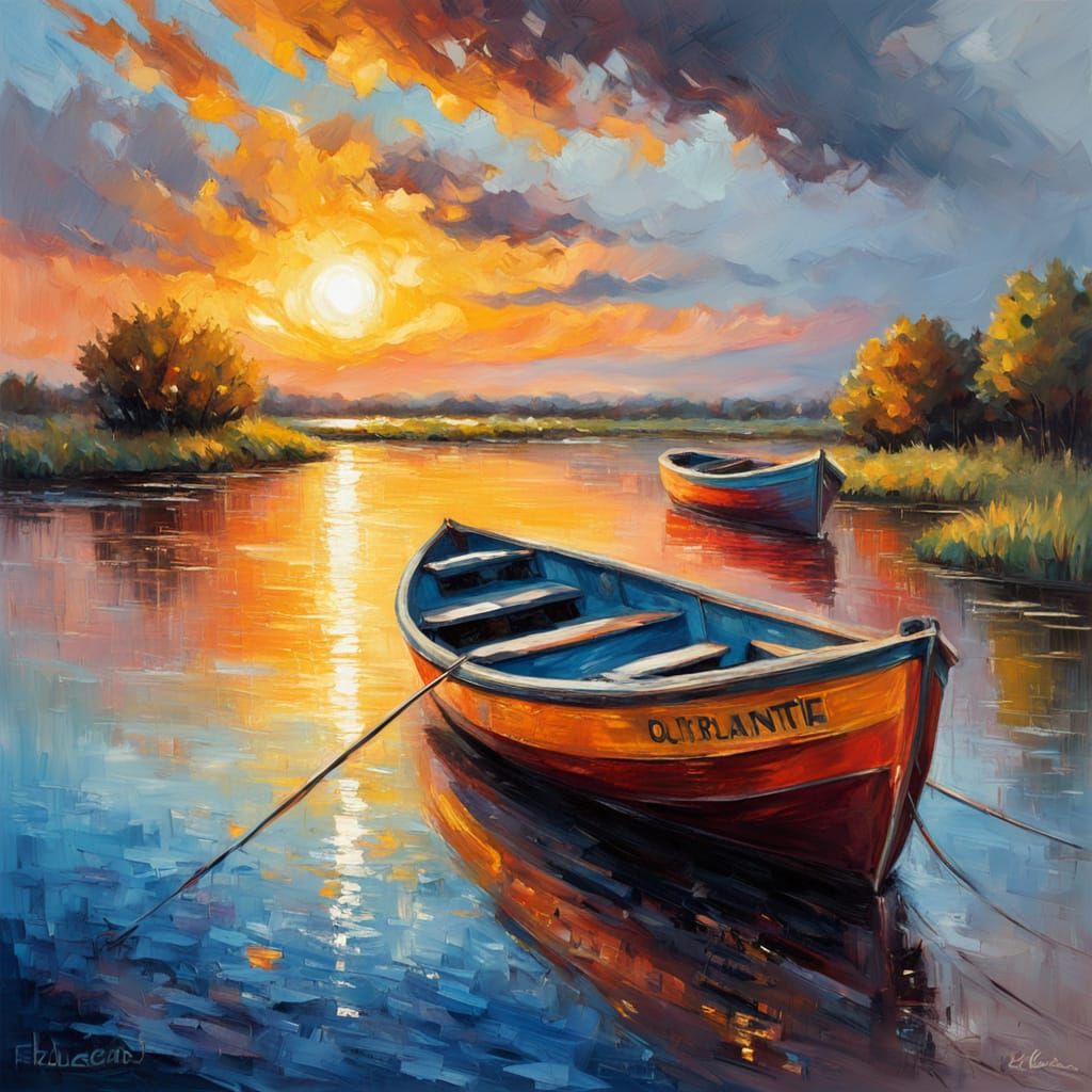 Mystical Sunset Over River with Old Boats Impressionist Oil ...