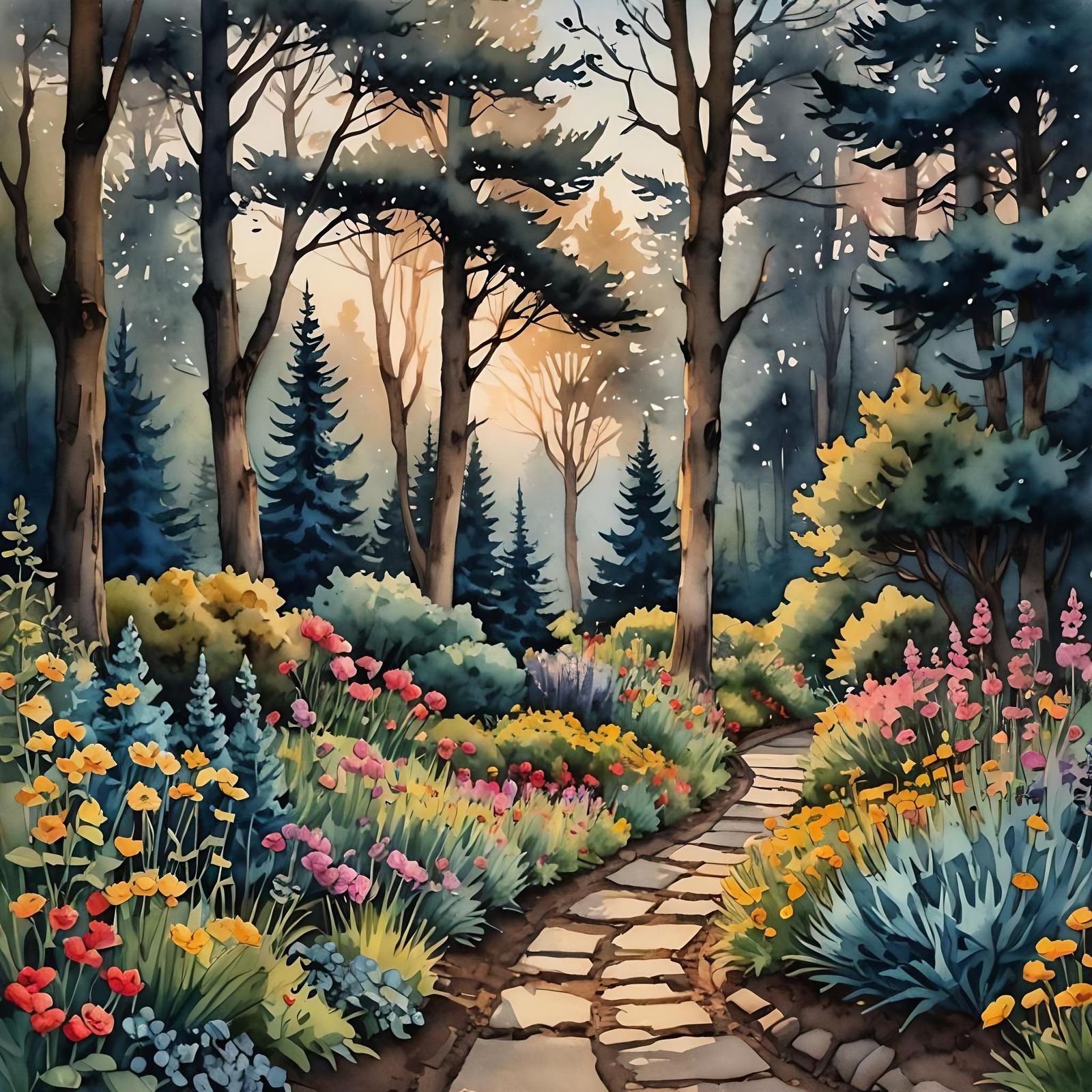 Watercolor Garden Path with Orchard Trees