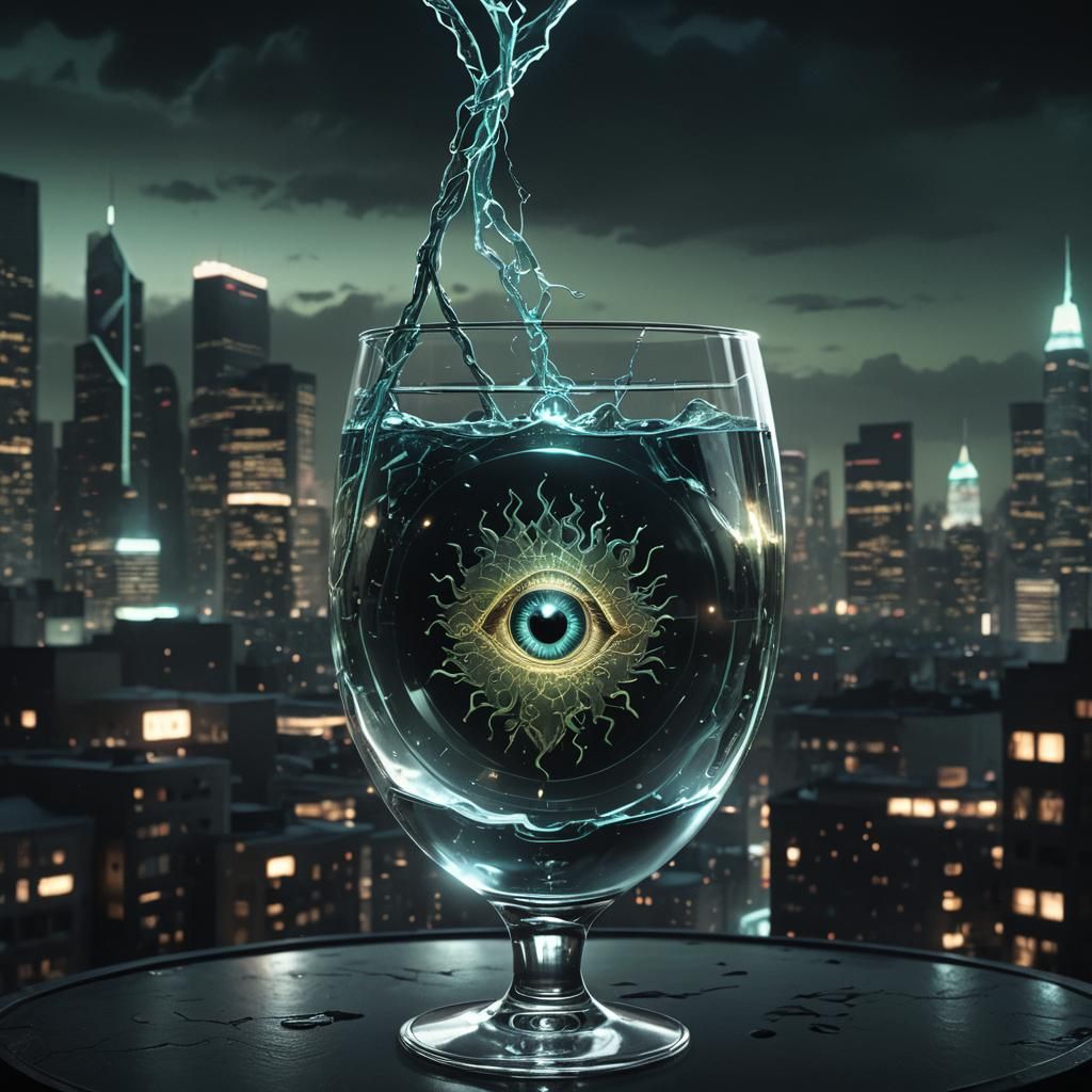 Glass 'A' Gripped by Tendril in Dark Cityscape