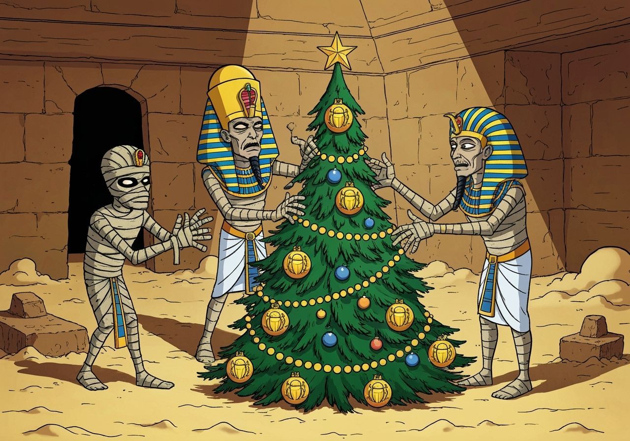 Pharaohs Decorate Christmas Tree in 1980s Cartoon Style