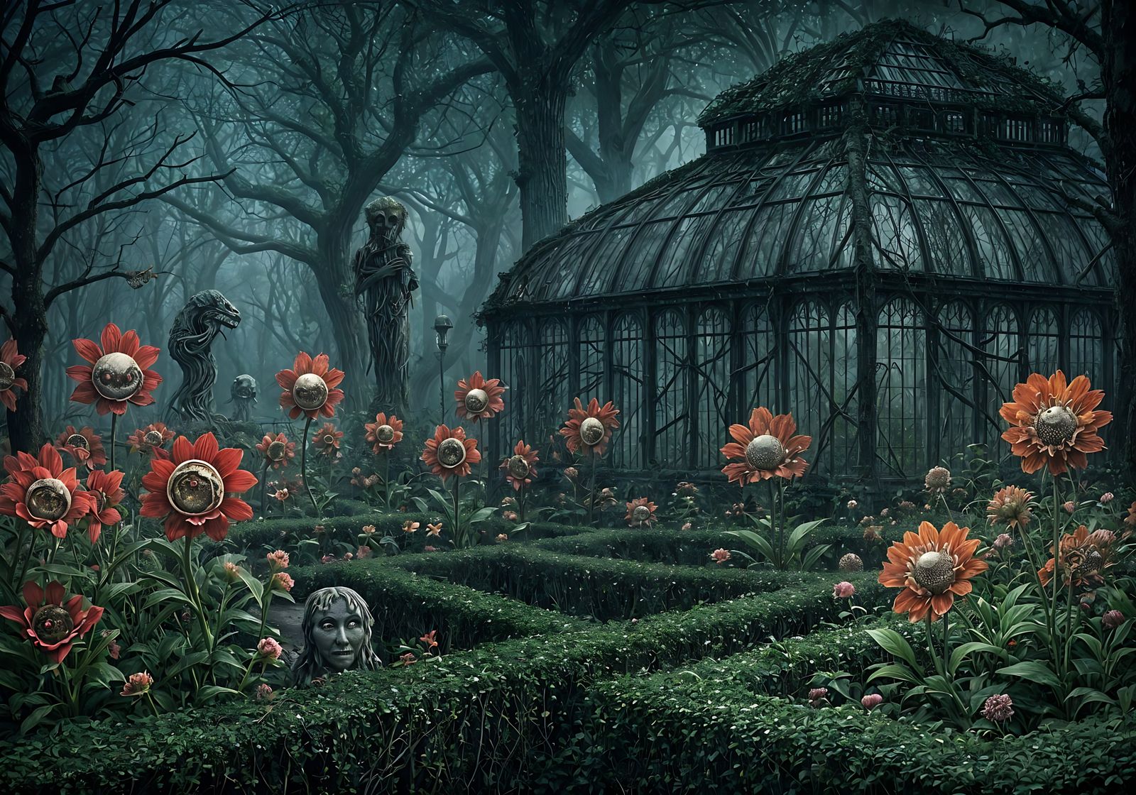 Surreal Nightmare Garden with Blooming Teeth and Eyes