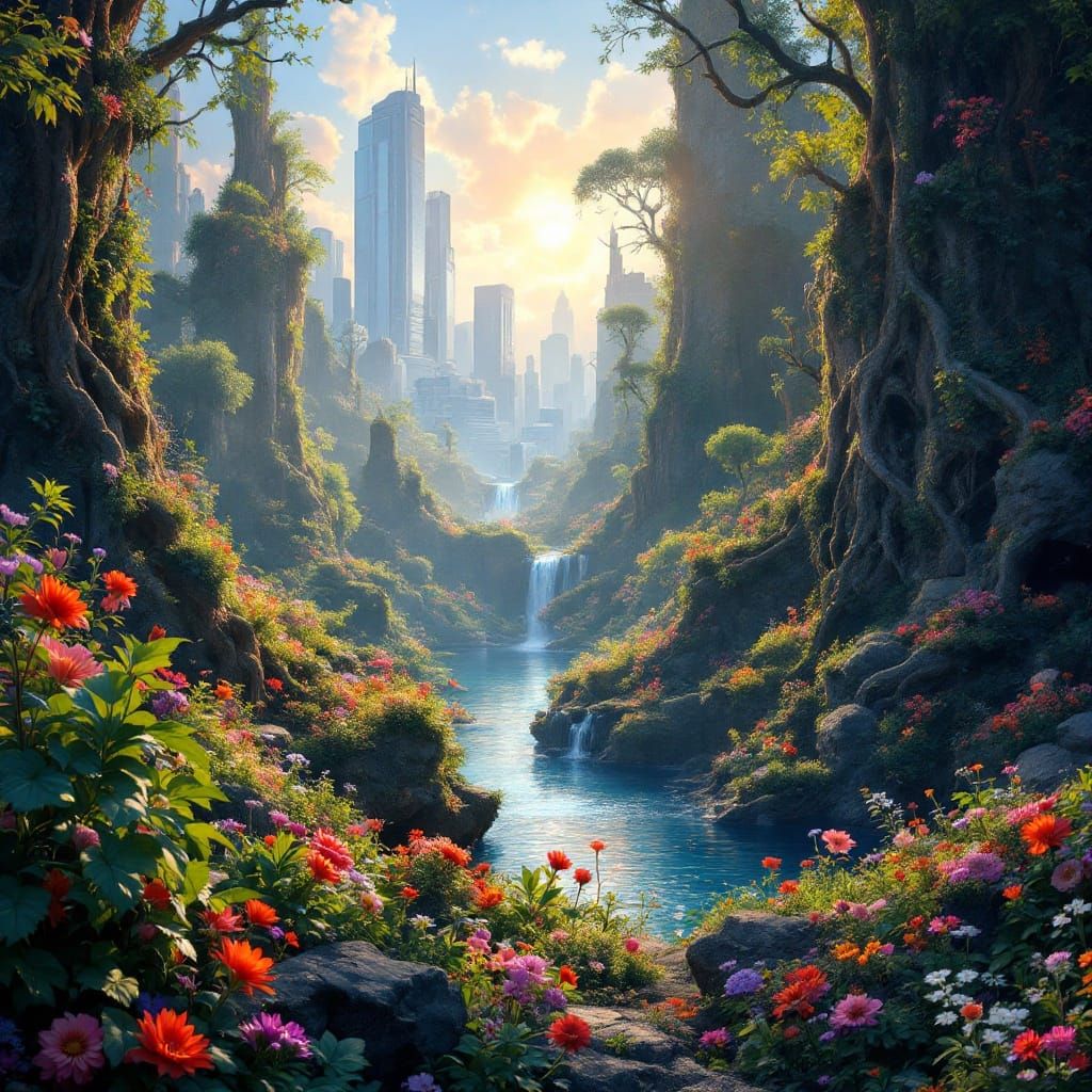 Surreal Blooming Oasis in Post-Apocalyptic Wasteland