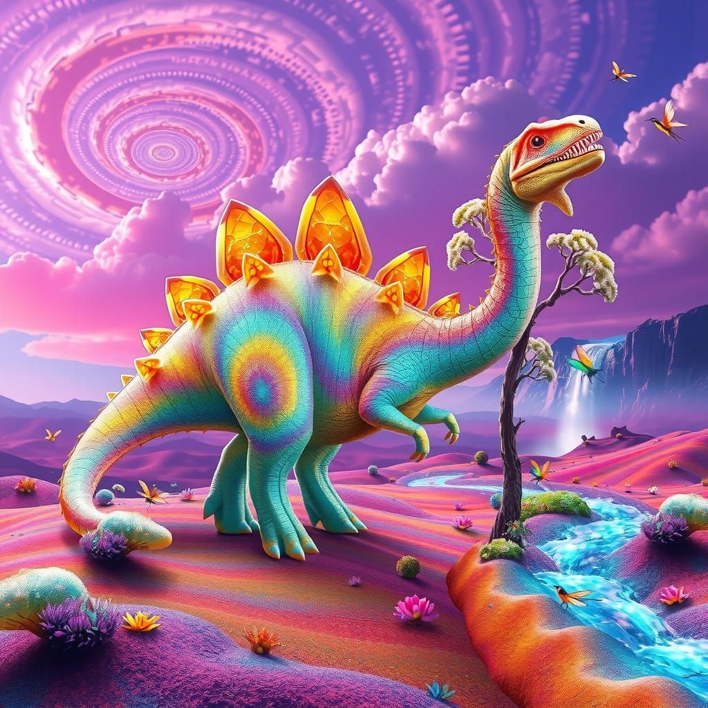 surreal dinosaurs that live in a dreamlike, fantastic landsc...