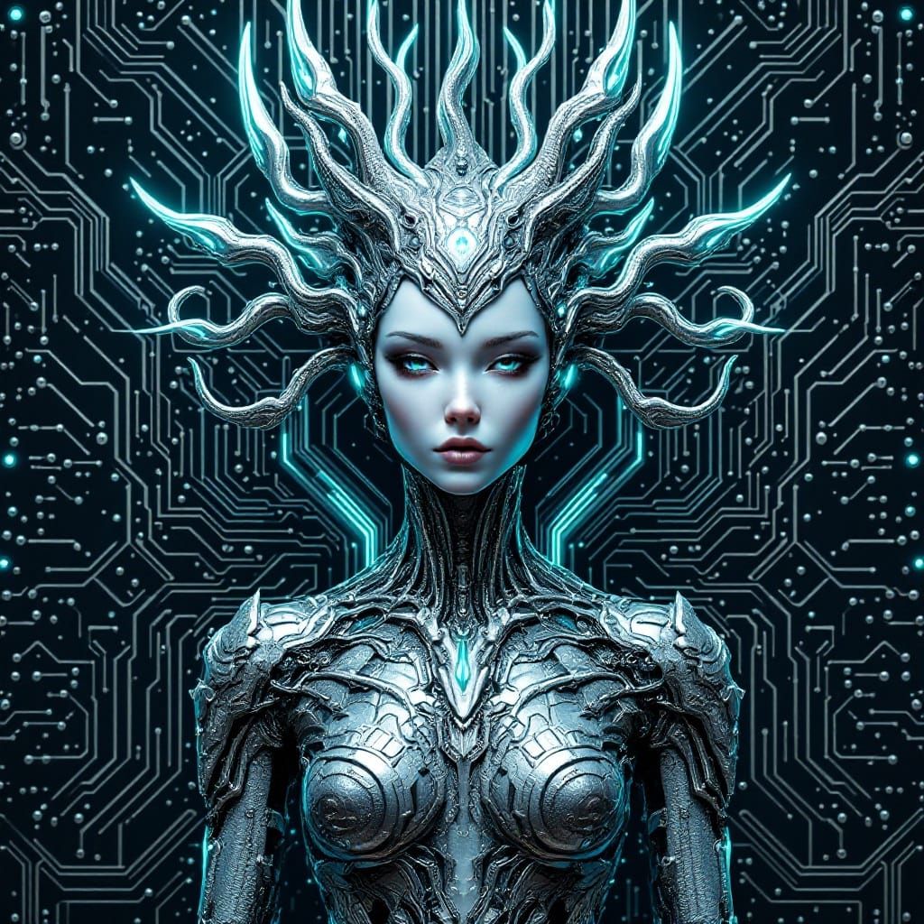 Cybernetic Warrior in Shimmering Metallic Armor