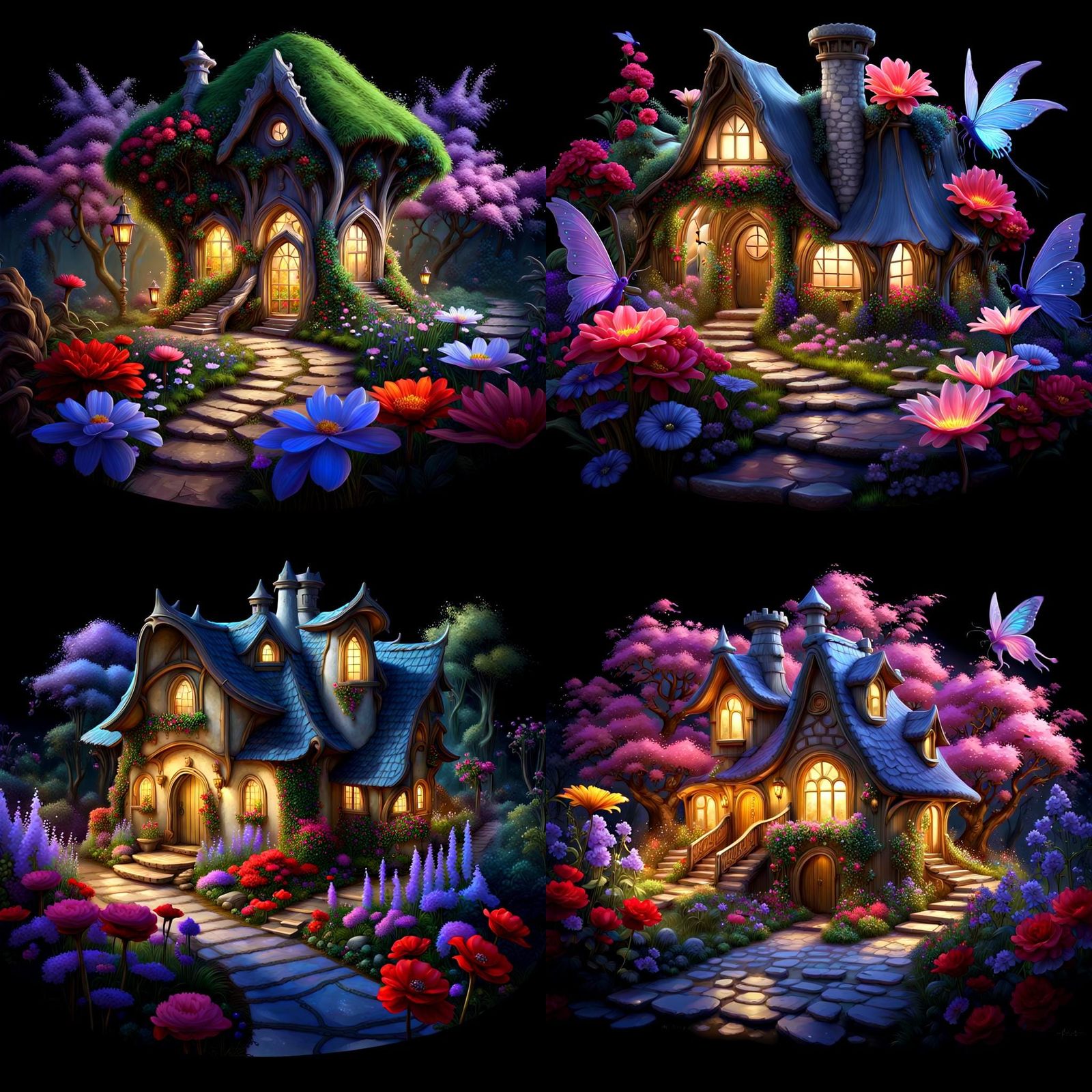 Beautiful fantasy fairy house, flowers, garden, path forest