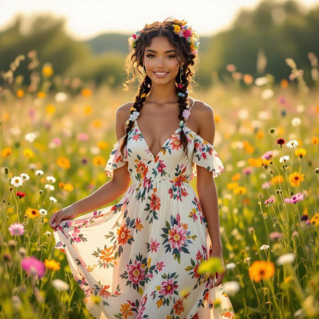 Floral Braids in Sunlit Meadow: Impressionistic Style