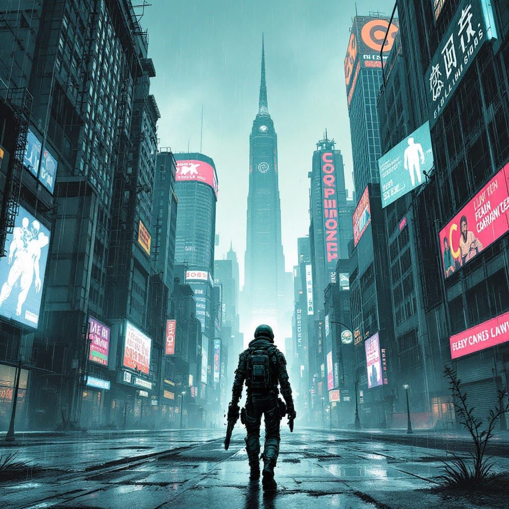 Cyborg Scavenger in Neon Megacity Comic Style