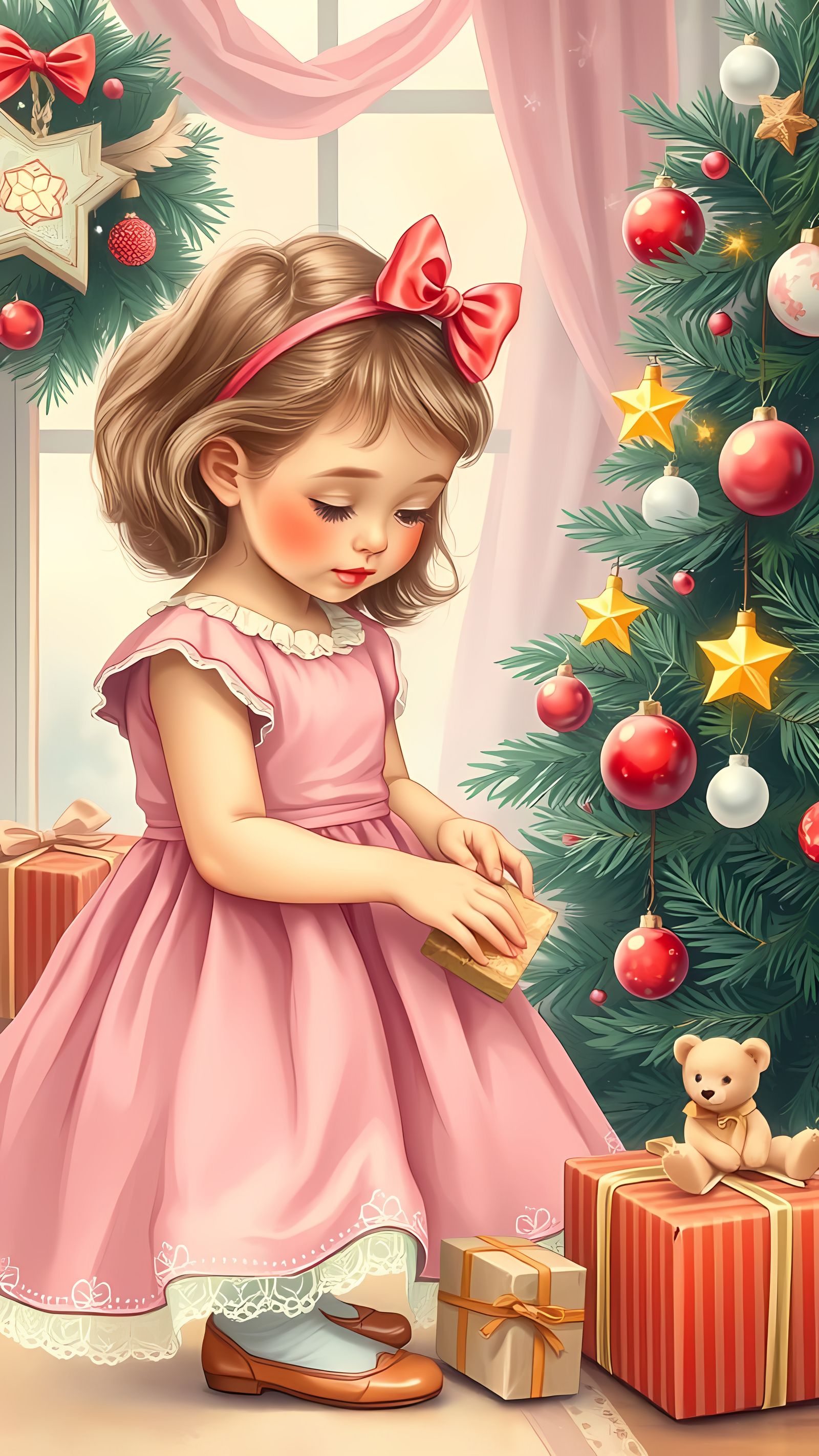 Cute Girl in Pink Dress with Christmas Tree and Gifts