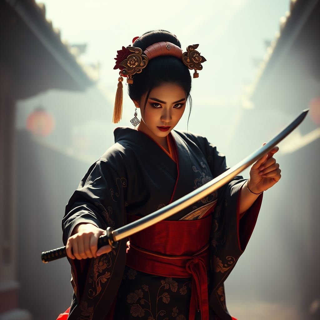 Elegant Geisha Warrior in Traditional Black Kimono and Katan...