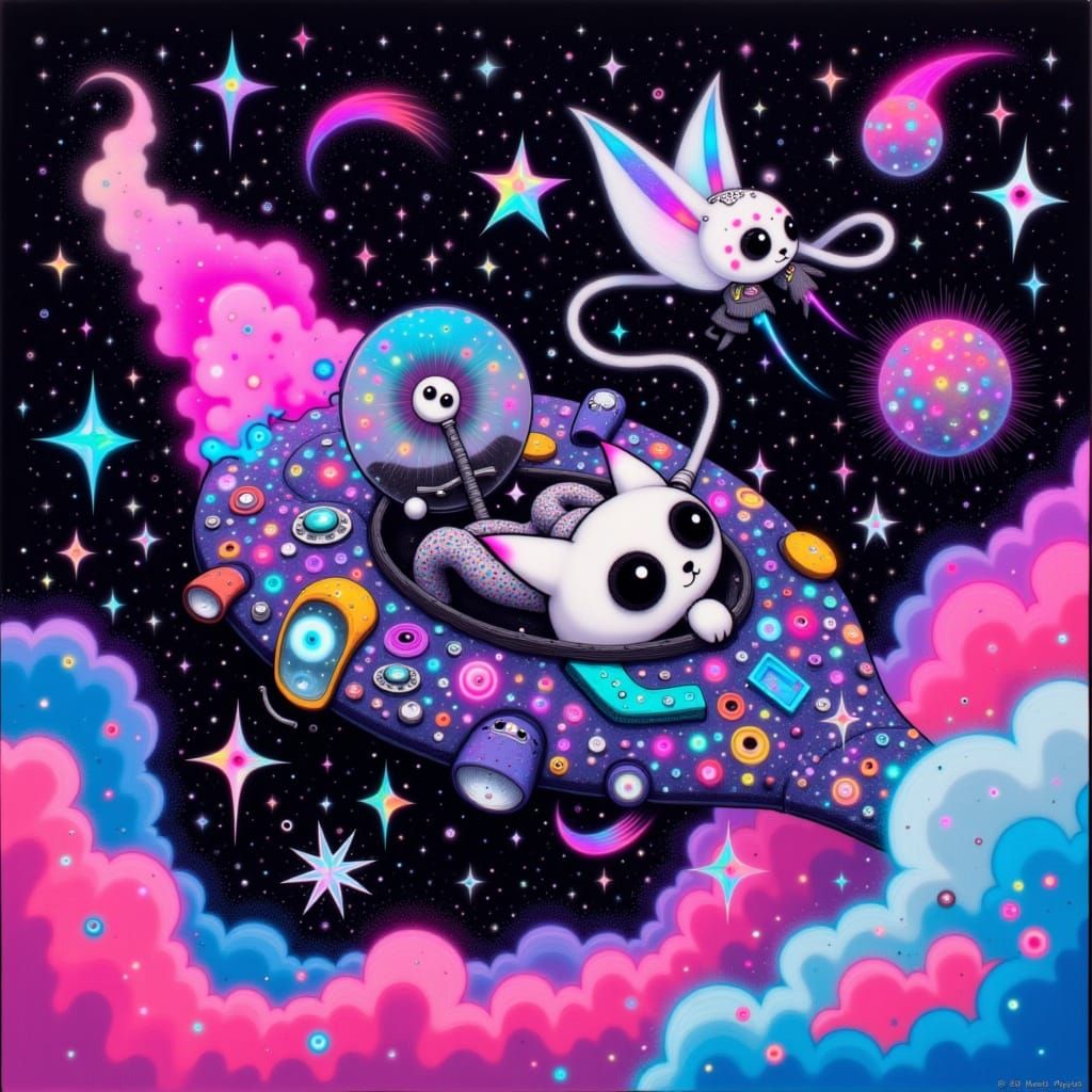 Cosmic Kitty Piloting Spaceship in Celestialpunk Style