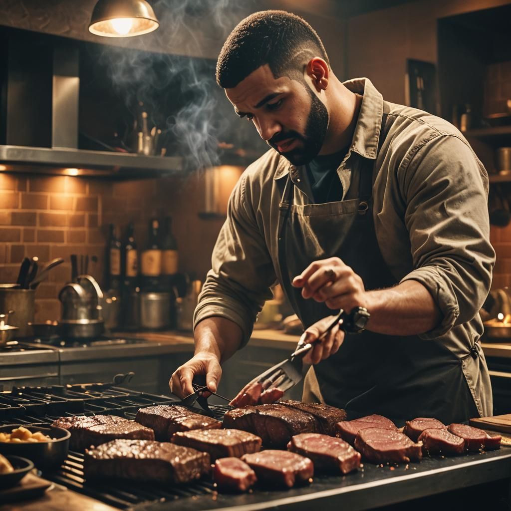 Drake Cooks Steak in Dimly Lit Kitchen