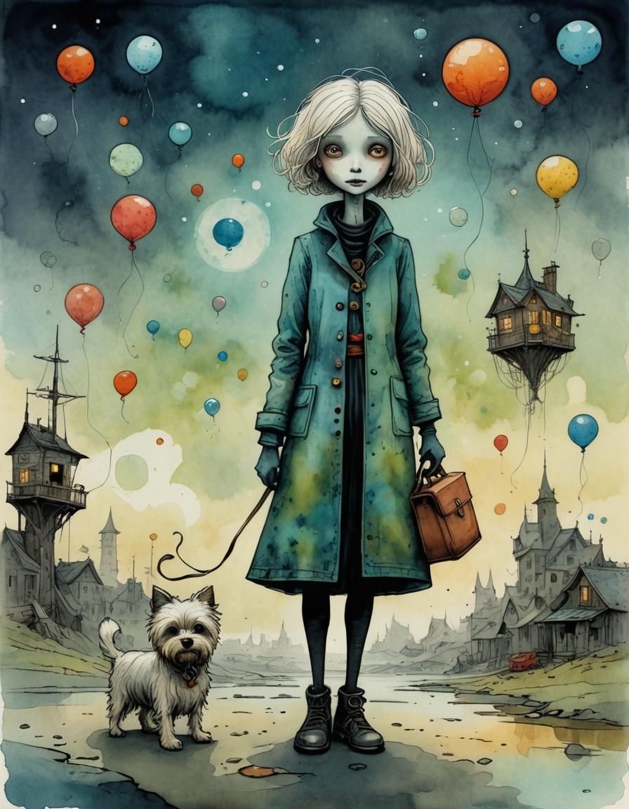 Woman and Morkie in Watercolor-Wash Illustration