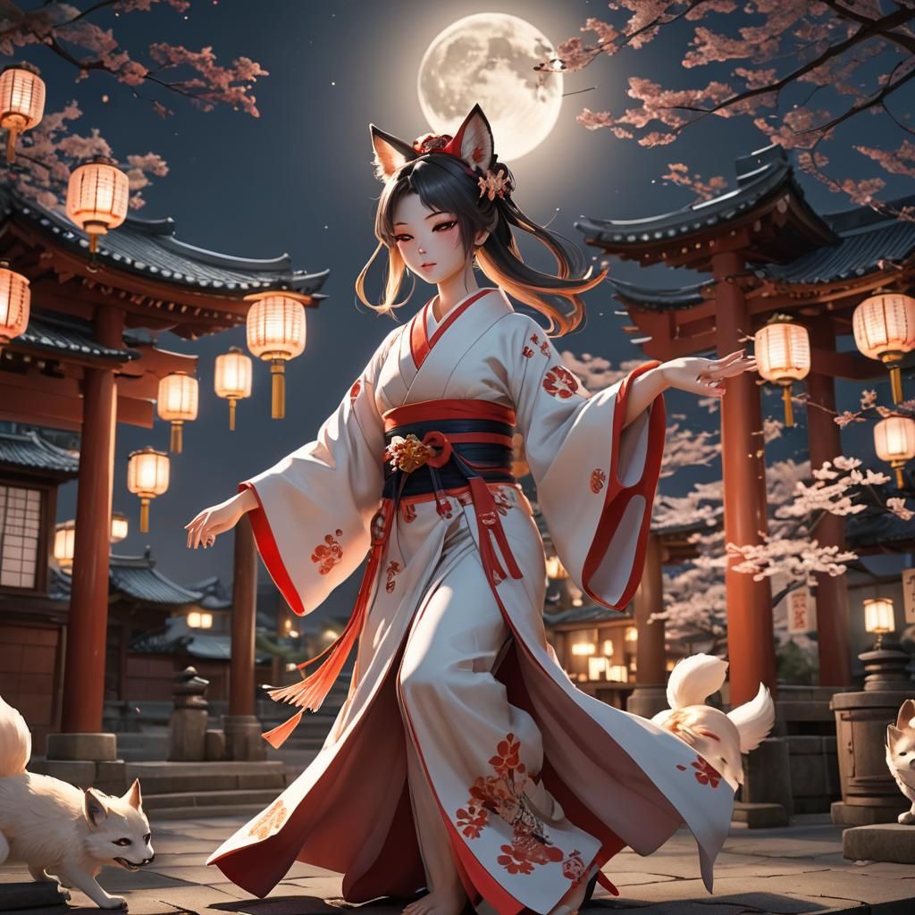 Kitsune Shrine Maiden Dancing Under the Moon