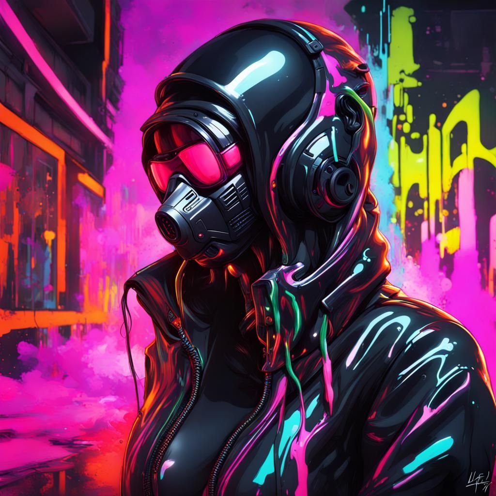 Cyberpunk Figure in Black Latex with Neon Graffiti