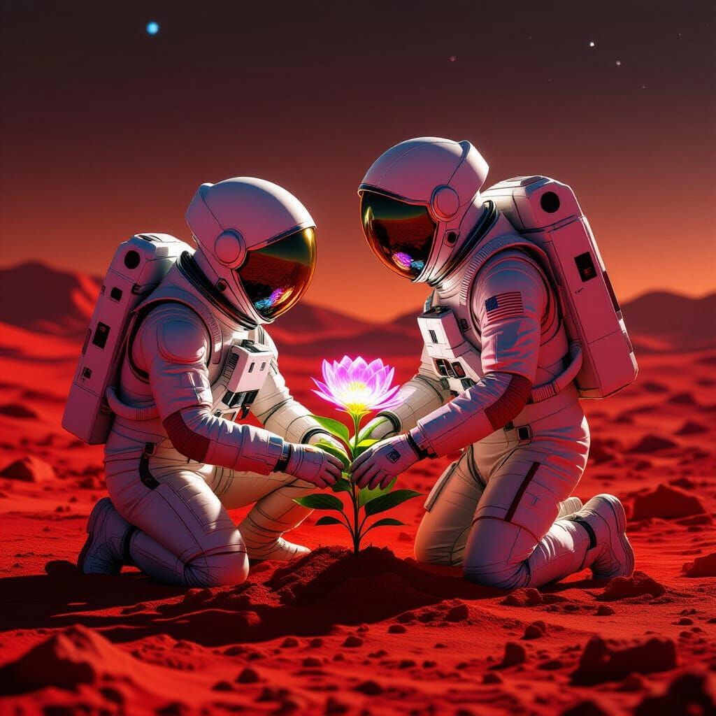 Astronaut Plants Glowing Flower on Mars
